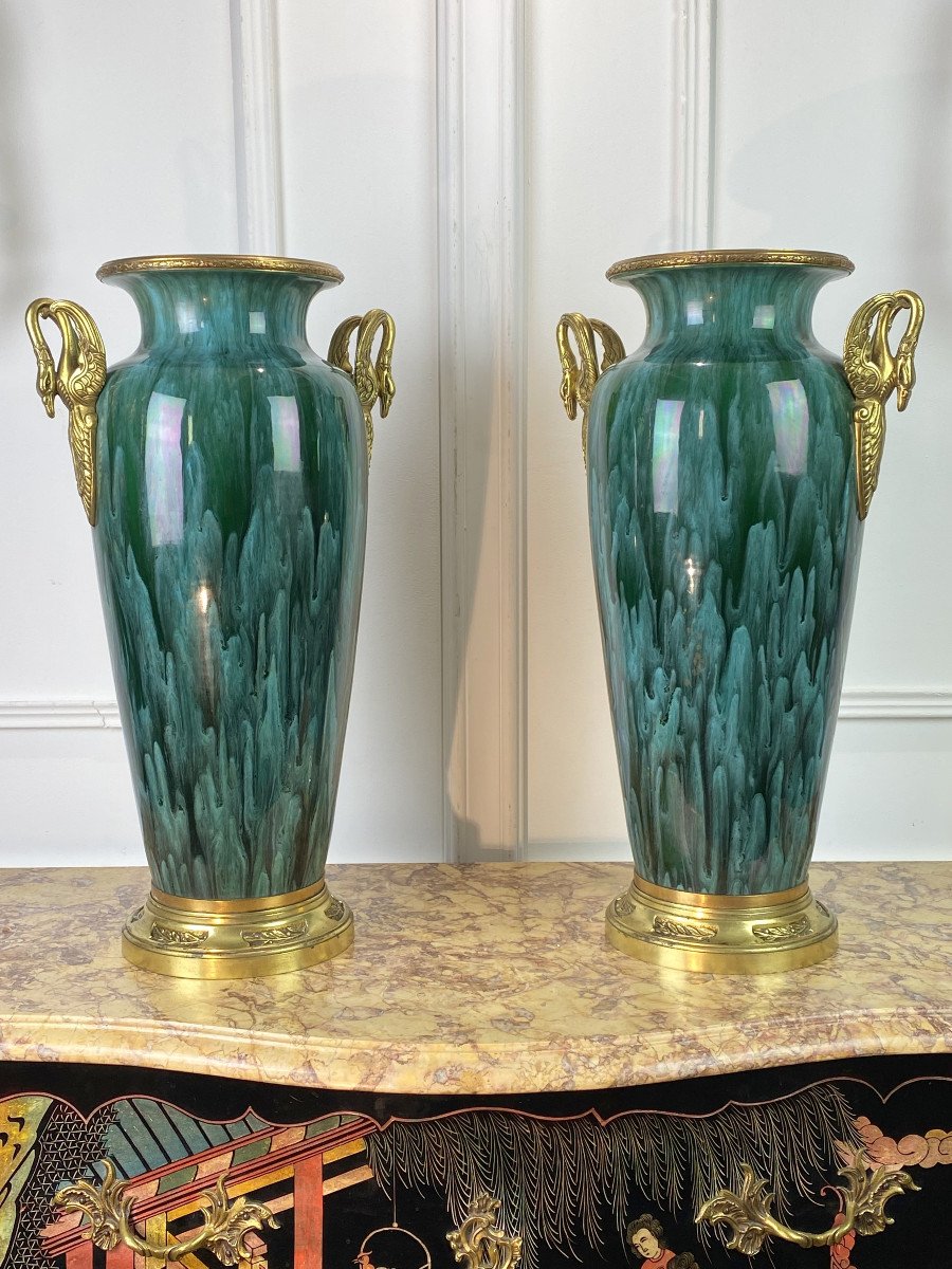Pair Of Large Sevres Ceramic Vases Decorated With Gilt Bronze Swan Neck Decor-photo-8