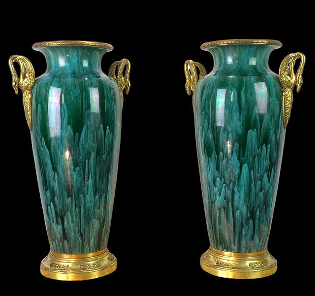 Pair Of Large Sevres Ceramic Vases Decorated With Gilt Bronze Swan Neck Decor