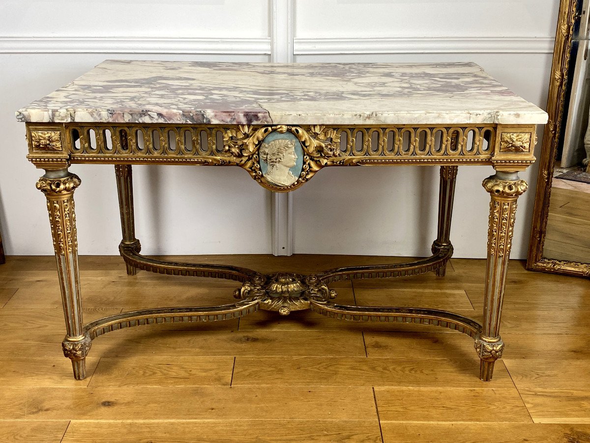 Table De Milieu Louis XVI Du XIXe En Bois DorÉ Et PatinÉ Avec Dessus Marbre-photo-3