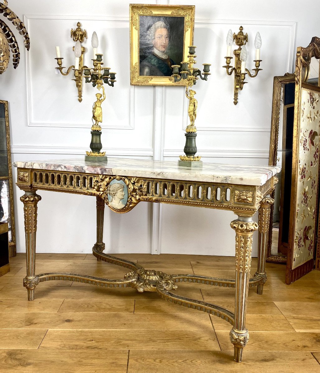 Table De Milieu Louis XVI Du XIXe En Bois DorÉ Et PatinÉ Avec Dessus Marbre-photo-4