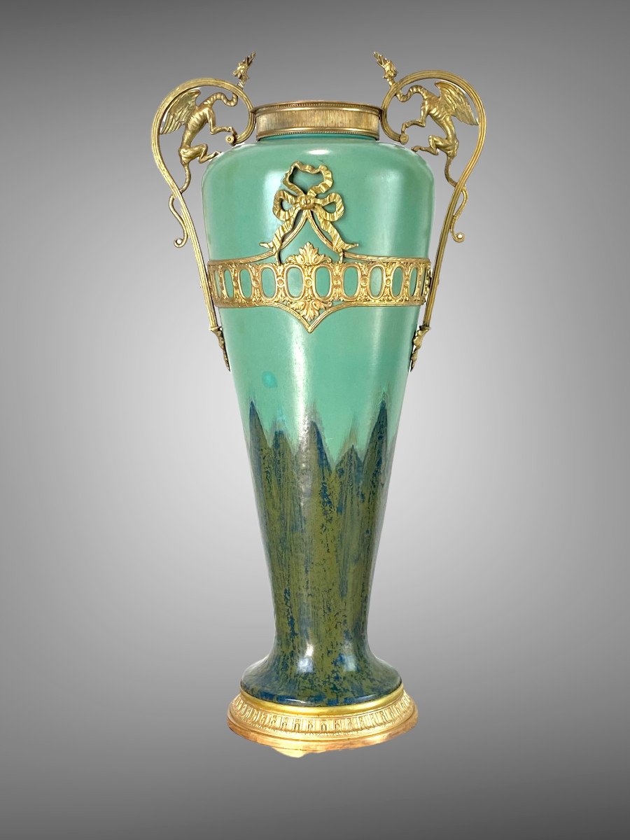 1900s Ceramic Vase With Bronze Mount In Louis XVI Style