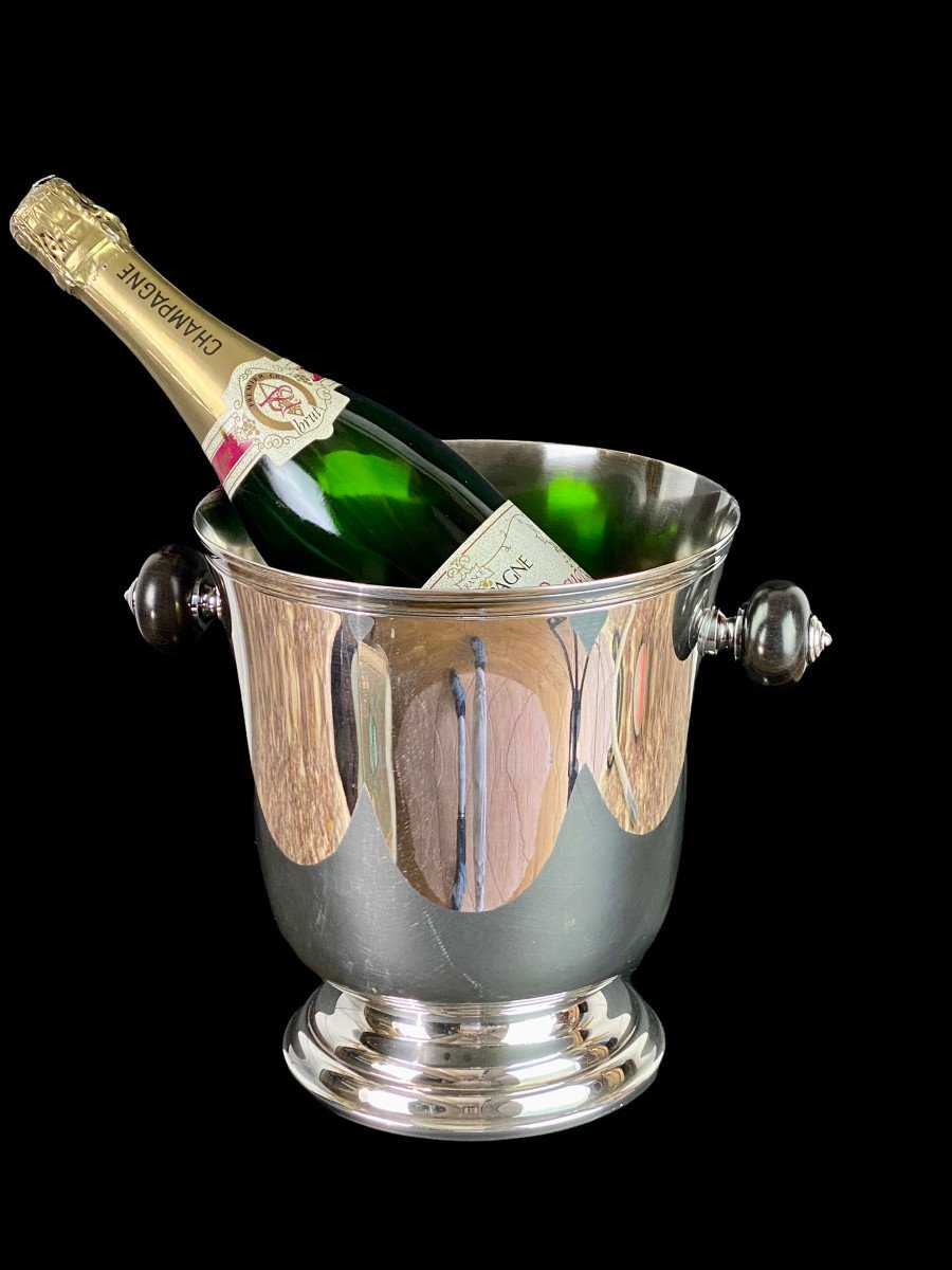 Art Deco Champagne Bucket From Maison Christofle In Silver Metal And Ebony-photo-2