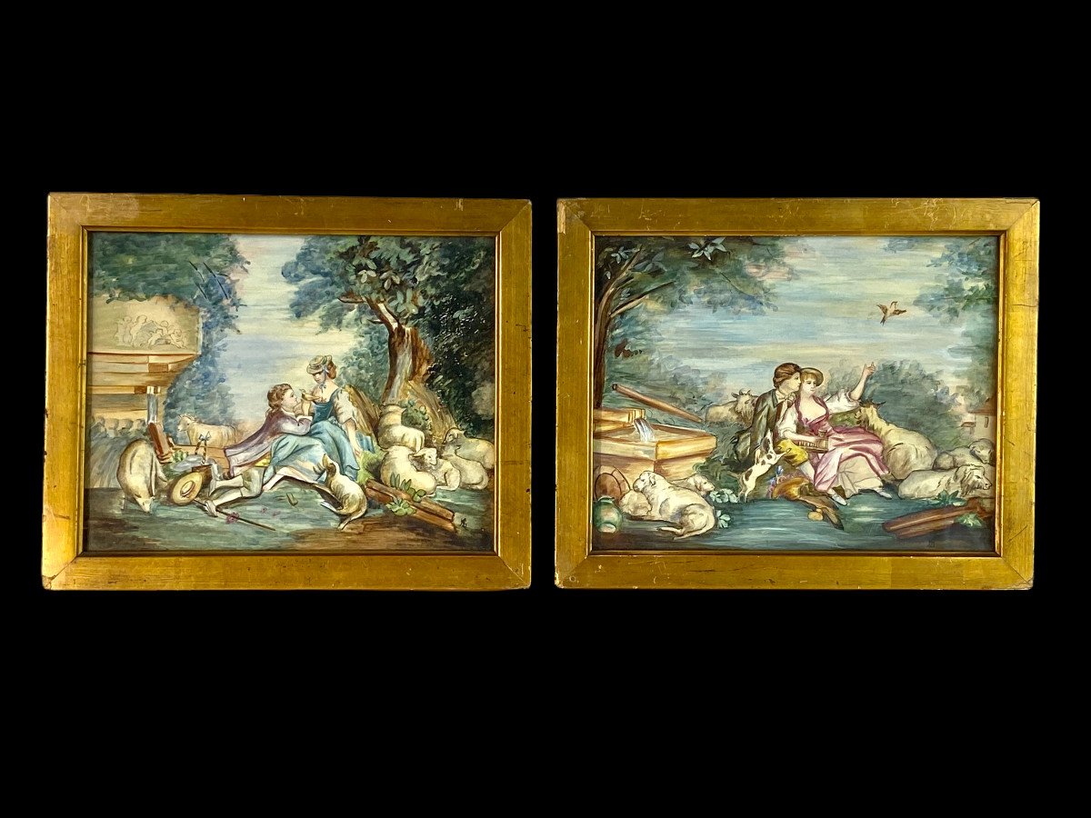 PAIRE D'AQUARELLES SUR TRAIT DE PLUME MONOGRAMMÉ " SCENE PASTORALES " DU XIXeme