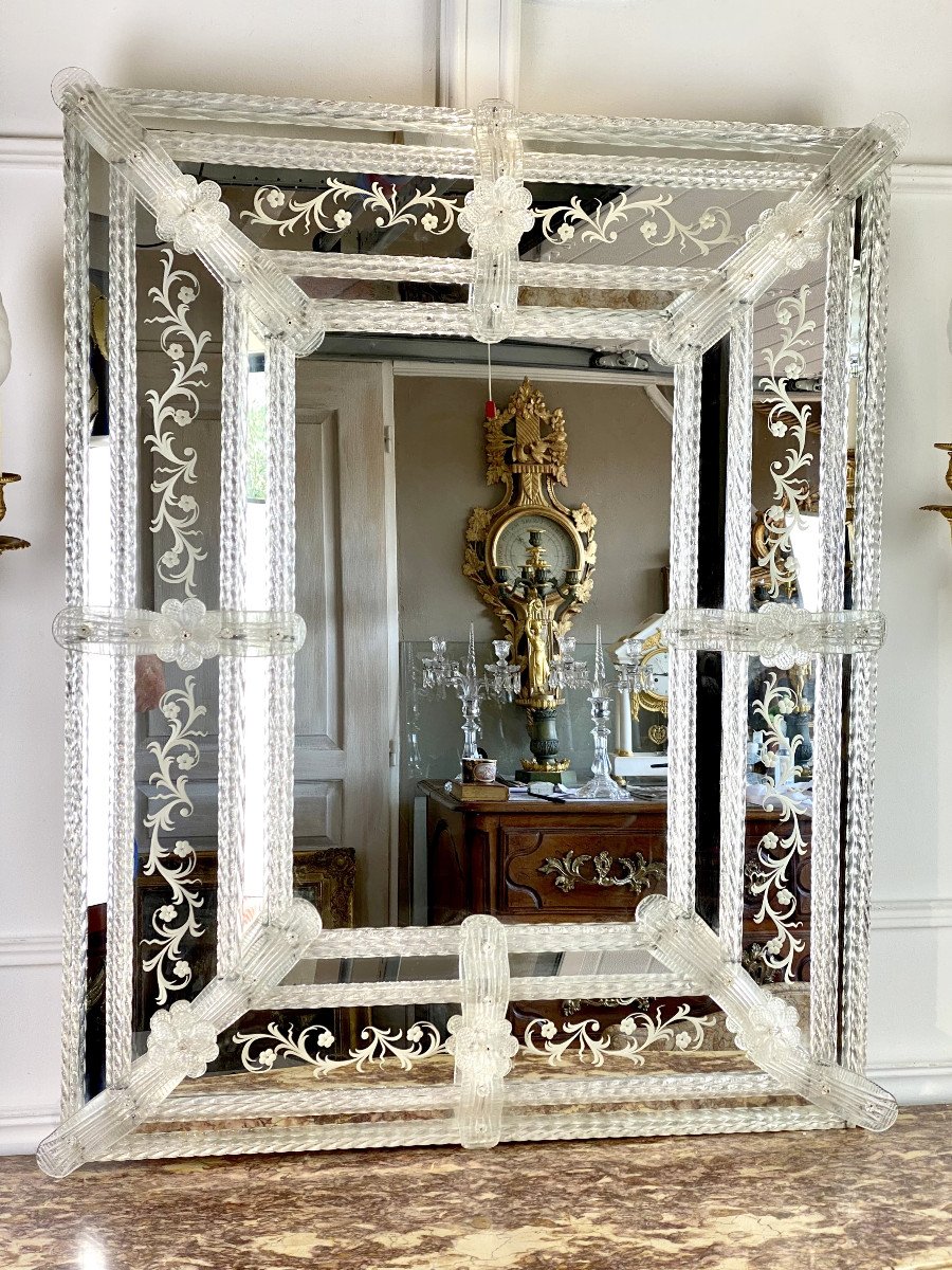 Venice / Venetian Mirror From The 1900s In Murano Glass With Floral Decor-photo-2