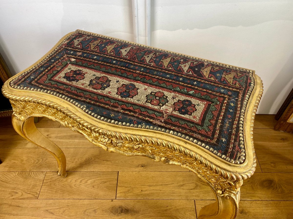 Console / Table In Gilded And Carved Wood With A Tapestry On The Tray-photo-3