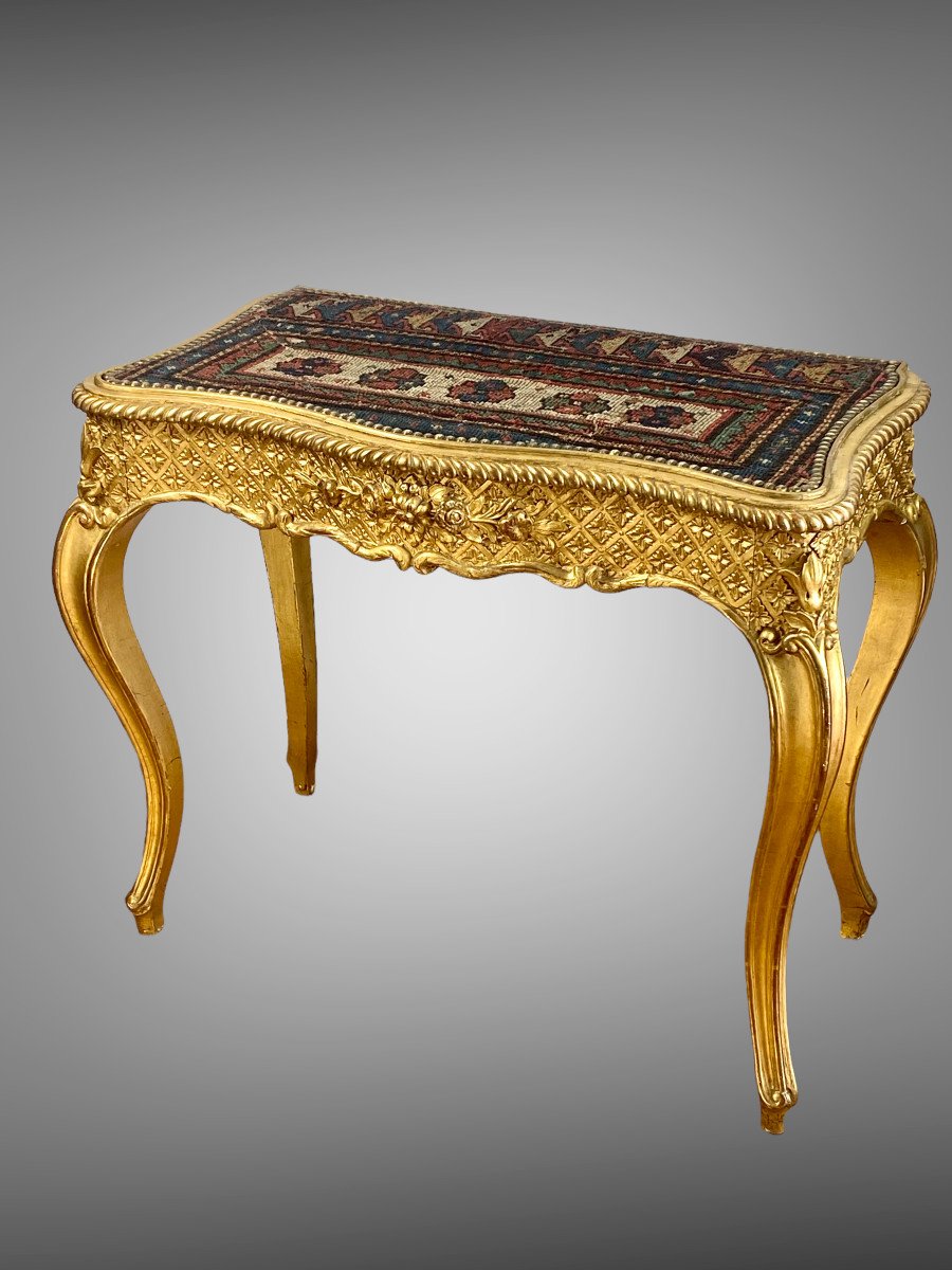 Console / Table In Gilded And Carved Wood With A Tapestry On The Tray