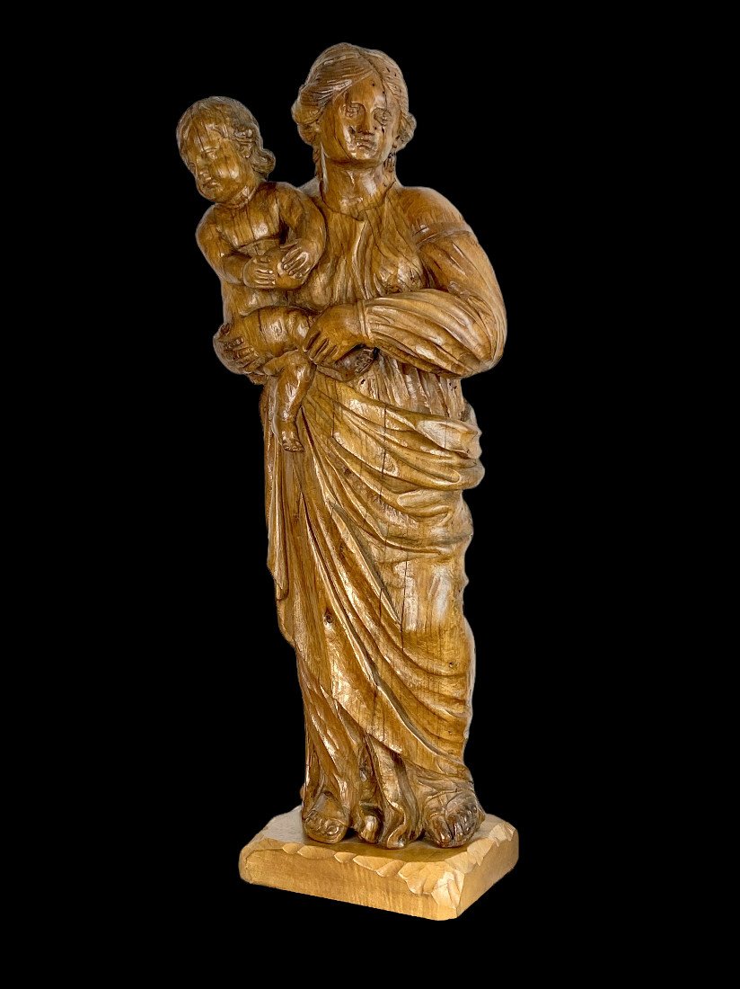 " VIERGE A L ENFANT " STATUE EN BOIS SCULPTÉ DU XVIIe SUR SOCLE DE 78 CM DE Haut -photo-3