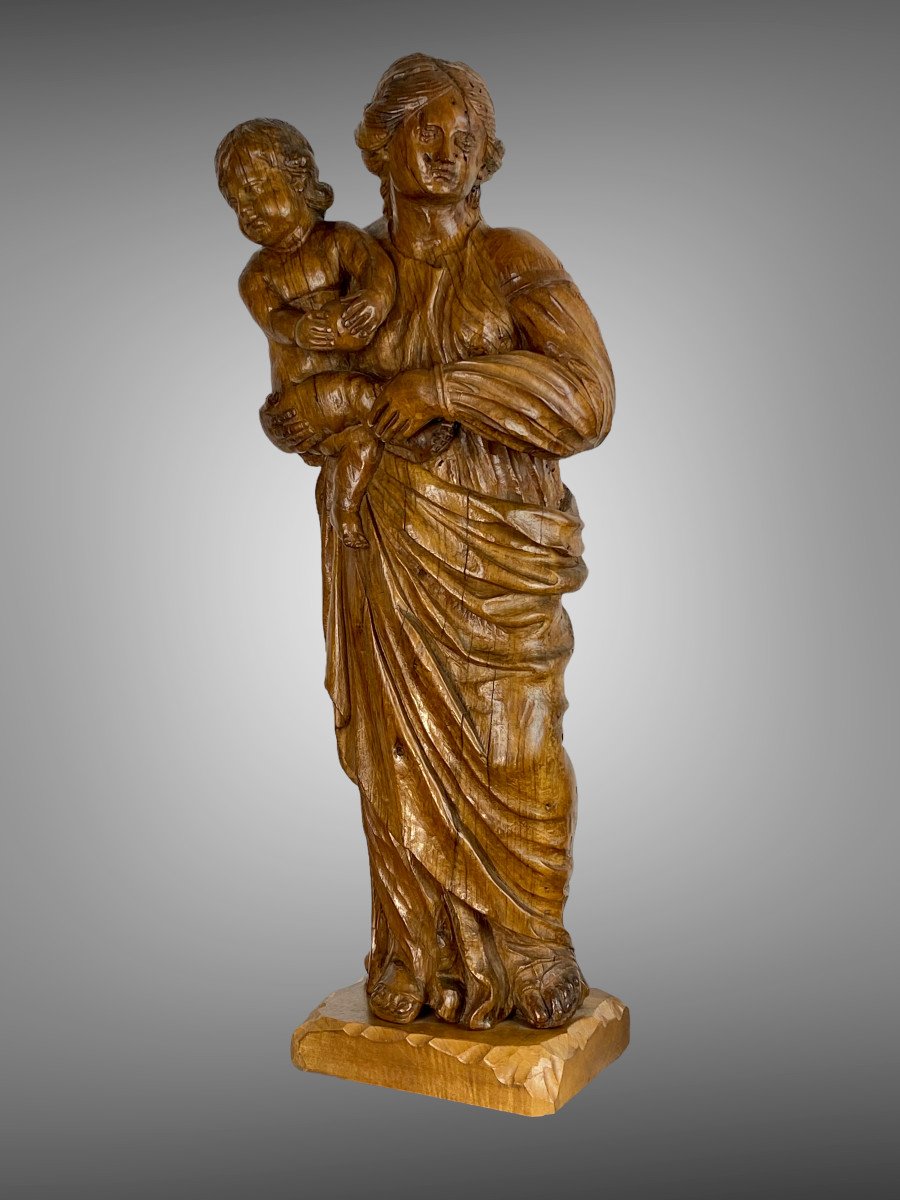 " VIERGE A L ENFANT " STATUE EN BOIS SCULPTÉ DU XVIIe SUR SOCLE DE 78 CM DE Haut -photo-2