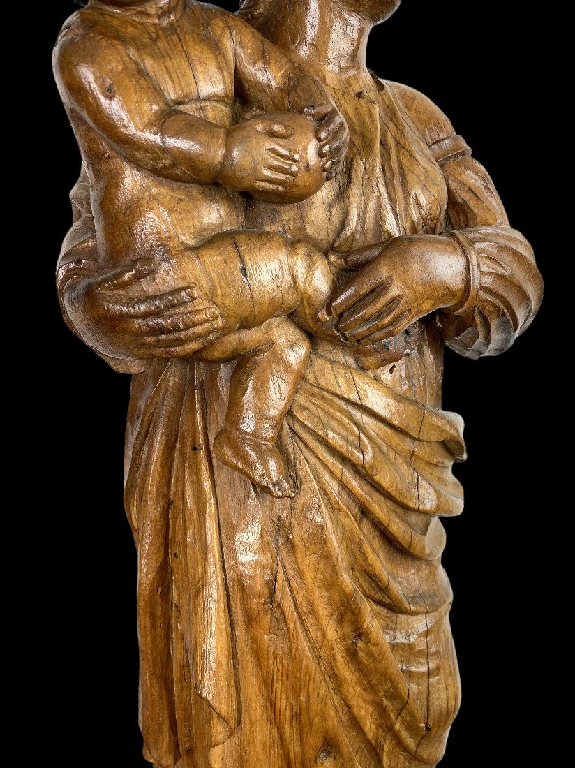 " VIERGE A L ENFANT " STATUE EN BOIS SCULPTÉ DU XVIIe SUR SOCLE DE 78 CM DE Haut -photo-3