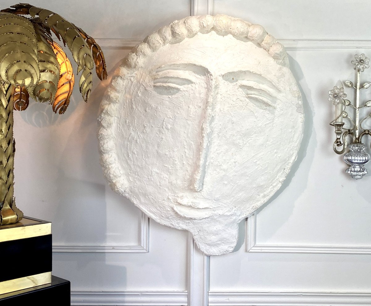 Stucco Sculpture Of "philippe Valentin" The Moon In The Spirit Of Jean Cocteau