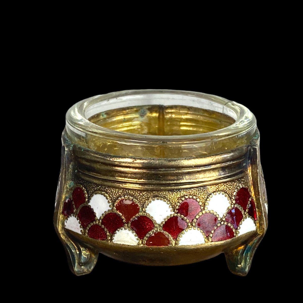 Russian Salt Shaker In Enameled Golden Metal With Its Signed And Numbered Glass Verrine-photo-3