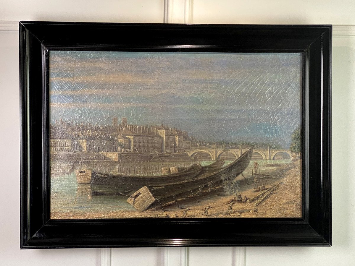 PEINTURE / HUILE DU XVIIIe ECOLE FRANÇAISE " PARIS BORD DE SEINE AU MOYEN AGE "-photo-2