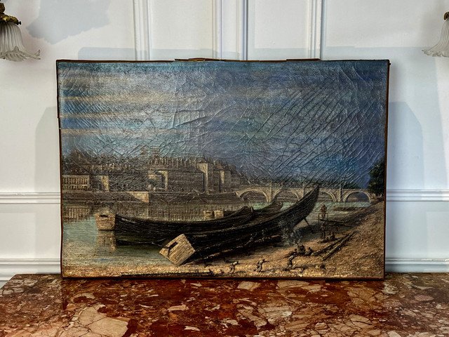 PEINTURE / HUILE DU XVIIIe ECOLE FRANÇAISE " PARIS BORD DE SEINE AU MOYEN AGE "-photo-6