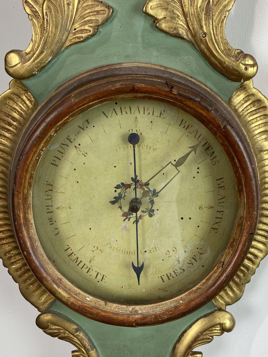 18th Century Mercury Barometer In Painted And Gilded Carved Wood Transition Period-photo-1