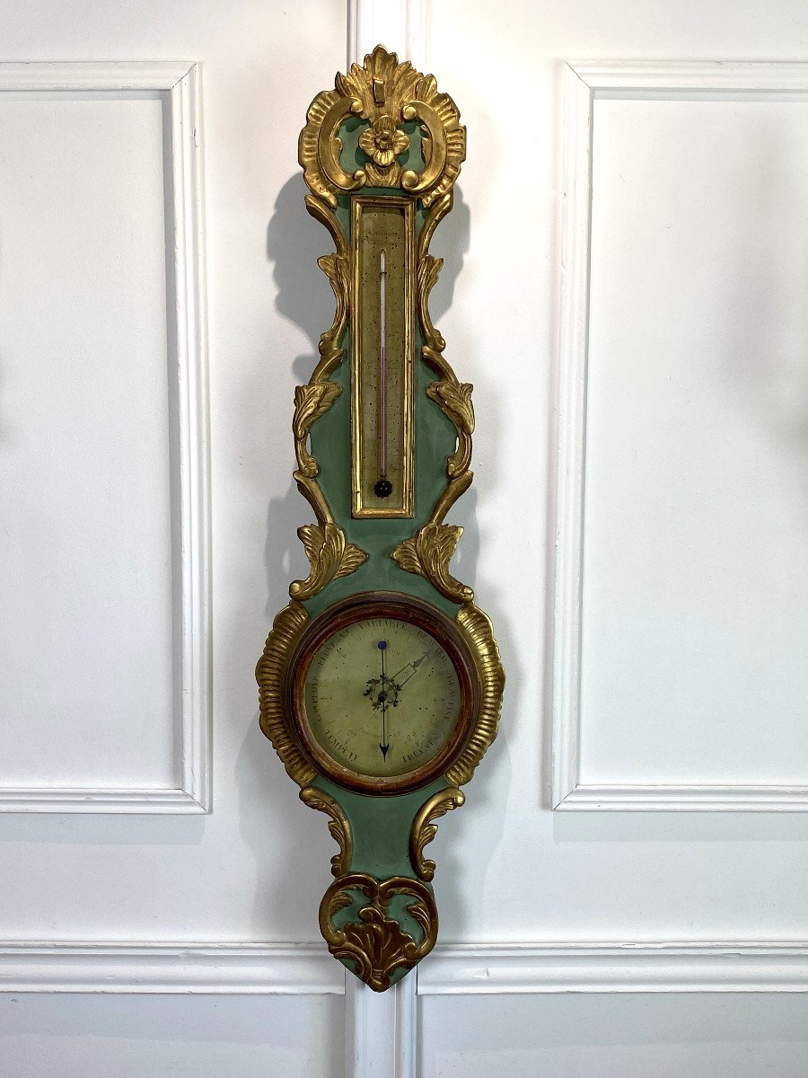 18th Century Mercury Barometer In Painted And Gilded Carved Wood Transition Period