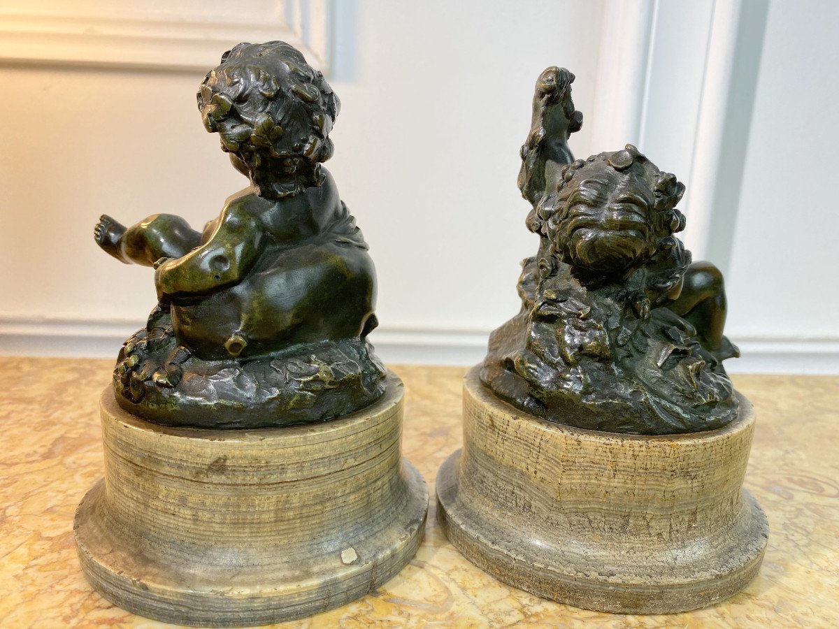 Pair Of Putti In Patinated Bronze Resting On Marble Pedestals Period 18/19th-photo-4