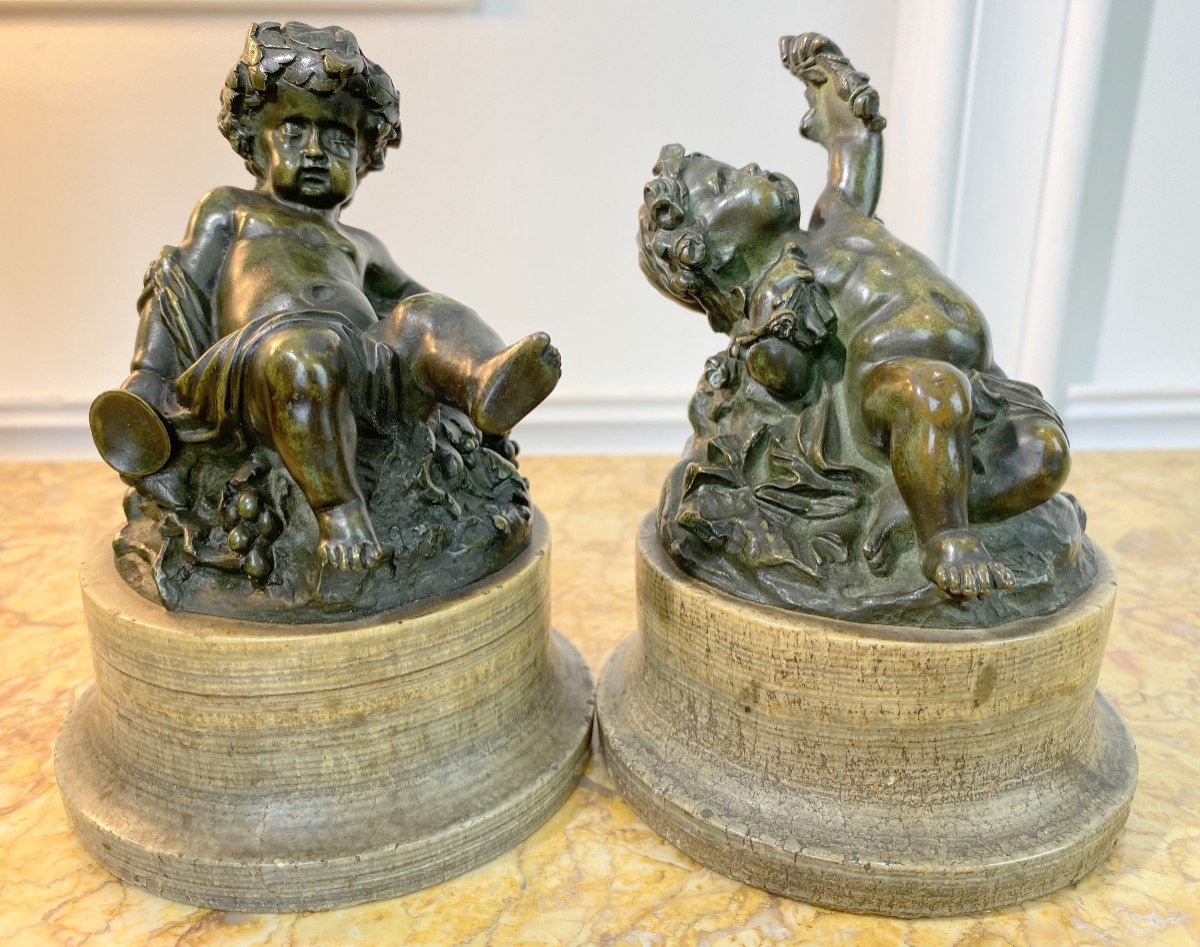 Paire De Putti En Bronze Patiné Reposant Sur Des Socles En Marbre Epoque 18 /19e-photo-6