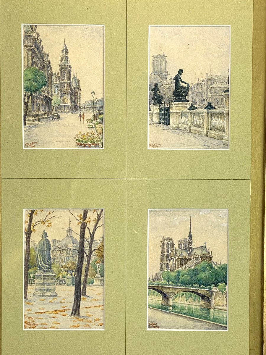Table Of 4 Watercolors Of Old Paris By "g. Leduc" From 1945 Well Framed-photo-5