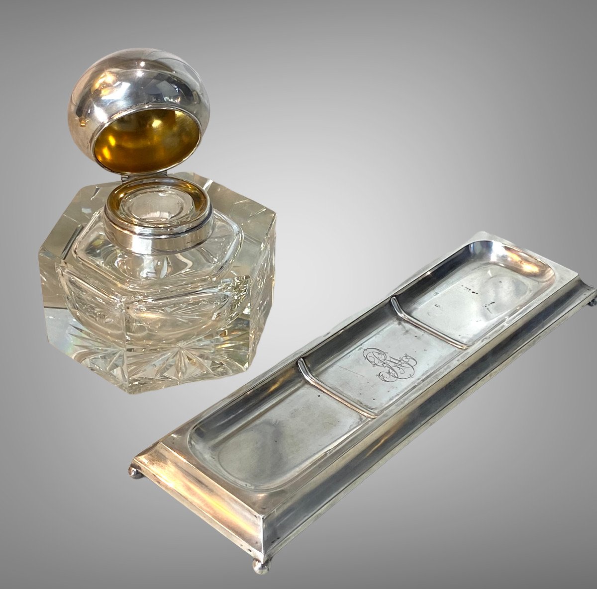 ENCRIER ET PLUMIER ANCIEN EN CRISTAL " BACCARAT " ET ARGENT MASSIF AVEC POINÇON-photo-2