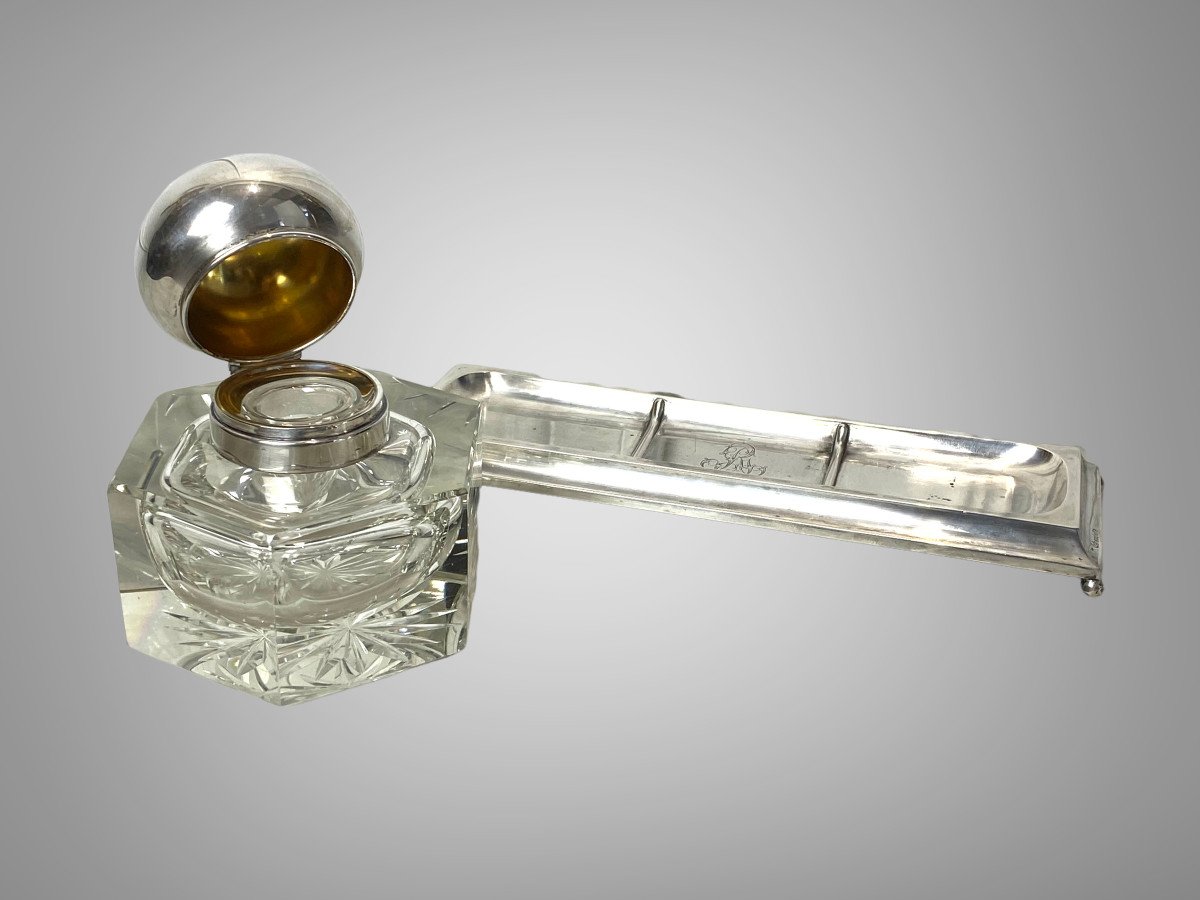 ENCRIER ET PLUMIER ANCIEN EN CRISTAL " BACCARAT " ET ARGENT MASSIF AVEC POINÇON-photo-4