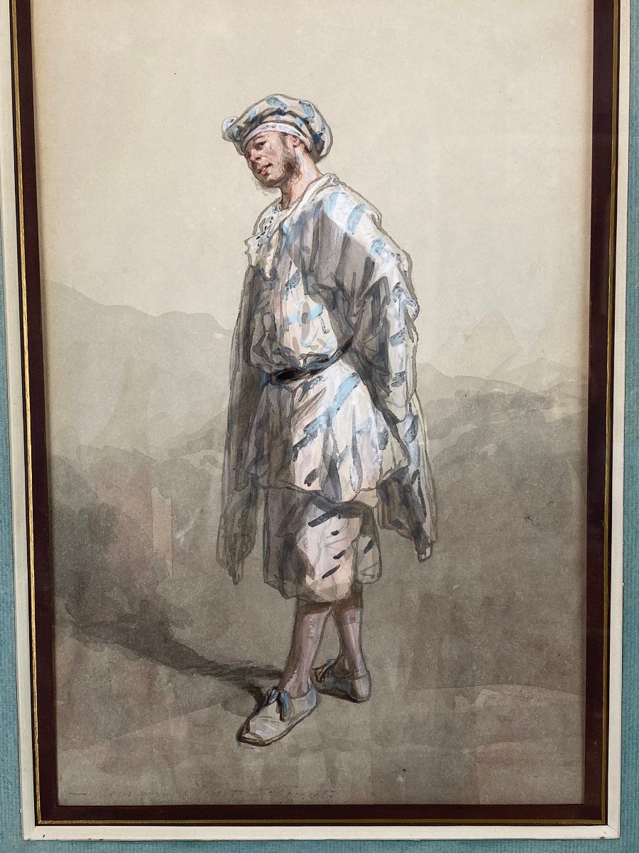 PAUL GAVARNI 1804/1866 DESSIN AQUARELLE SOUS VERRE " PIERROT " BIEN ENCADRÉ-photo-1