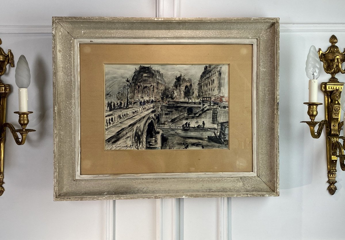 Dessin Sous Verre Signé Au Crayon Aquarellé De 1936 ( Place St Michel A Paris ) -photo-1