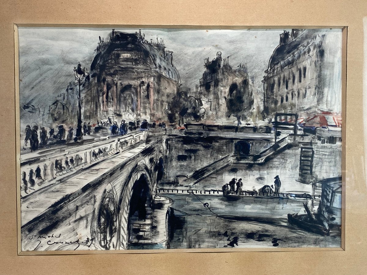 Dessin Sous Verre Signé Au Crayon Aquarellé De 1936 ( Place St Michel A Paris ) -photo-2