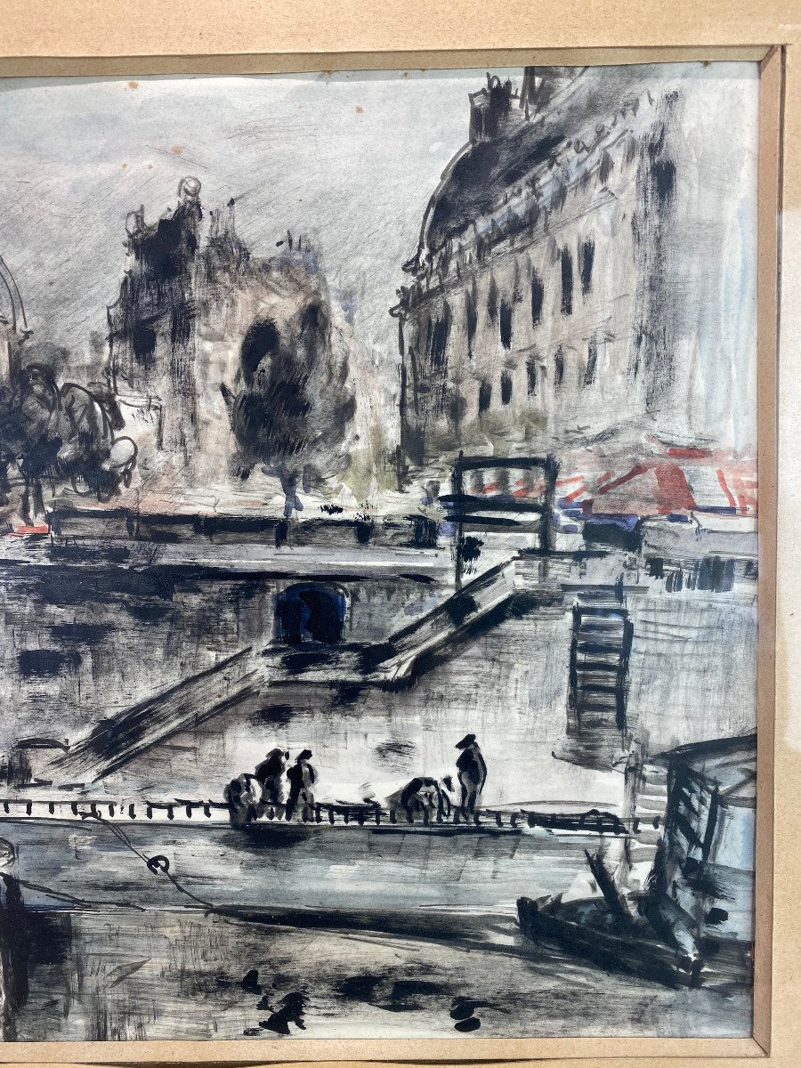 Dessin Sous Verre Signé Au Crayon Aquarellé De 1936 ( Place St Michel A Paris ) -photo-5