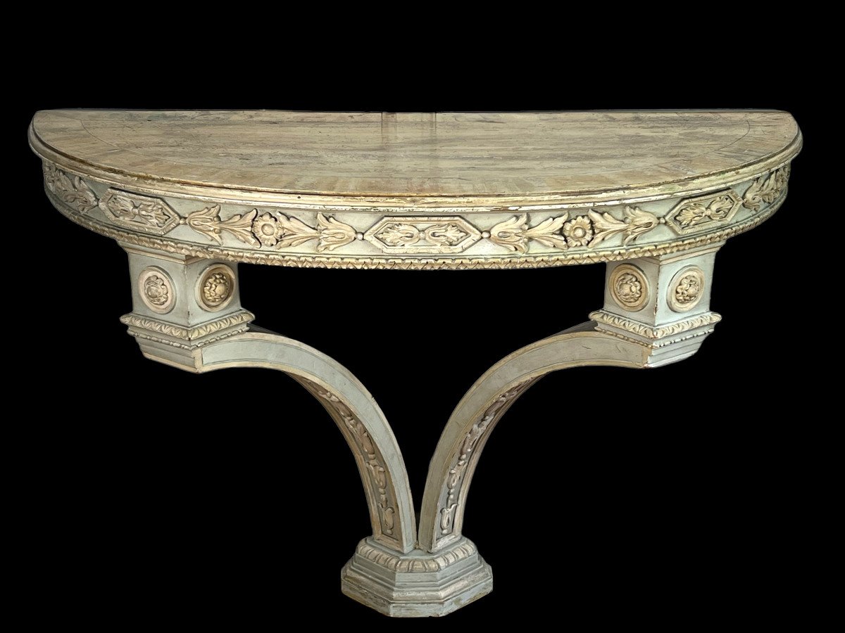 Console 1/2 Lune En Bois Sculpté / Peint Du XIXe De Style Louis XVI Plateau Bois-photo-4