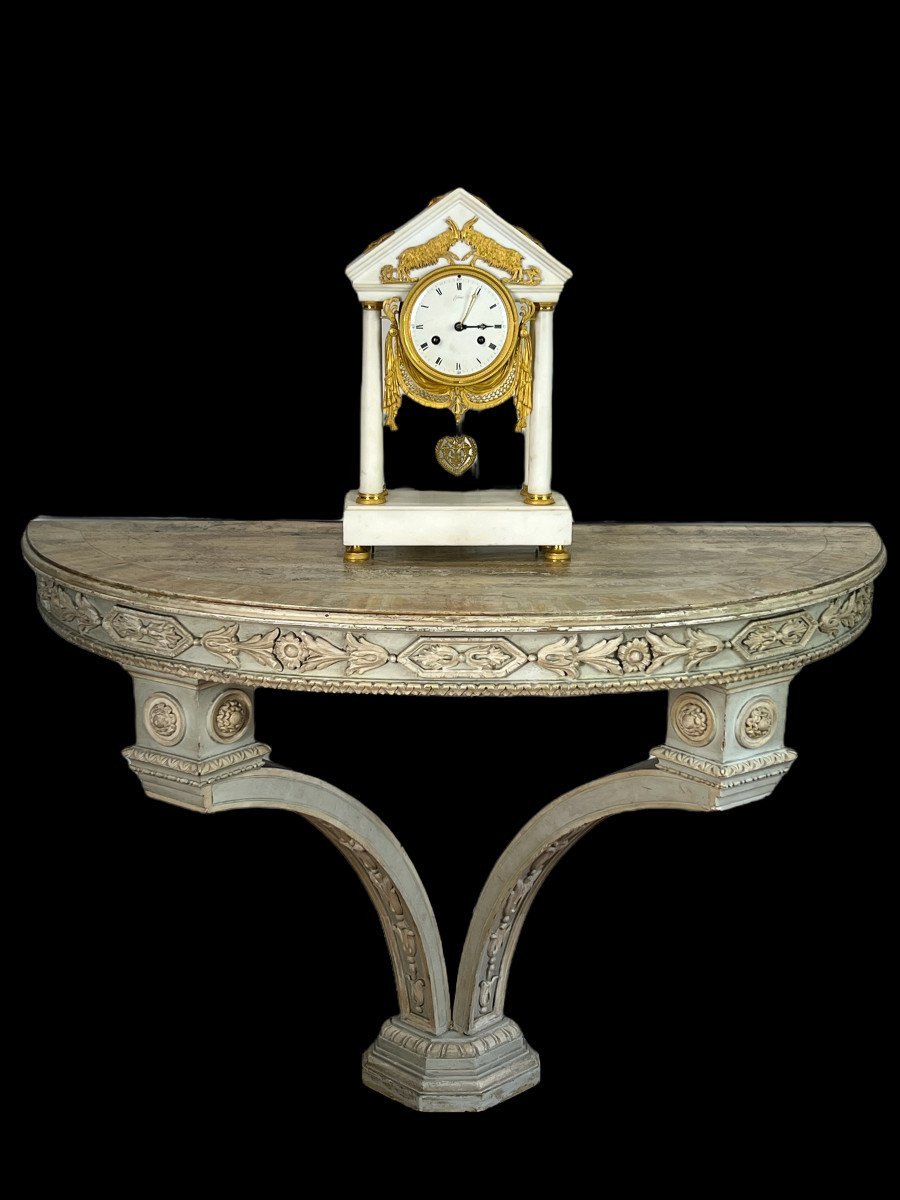 Console 1/2 Lune En Bois Sculpté / Peint Du XIXe De Style Louis XVI Plateau Bois