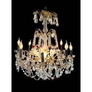 "large Model" Chandelier With White And Red Pampilles In Silver Bronze