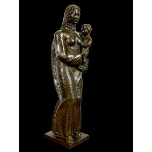 Ancient Patina Bronze "virge Al Child" 42 Cm High