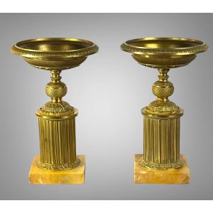 Pair Of Empire Period Gilt Bronze Cups On Sienna Marble Base