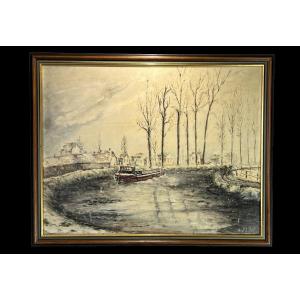 Old XX Th Century Painting / Painting By "jean Catala" (canal De L Ourcq)