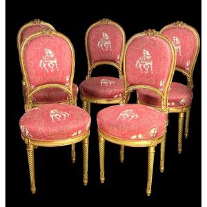 Series Of 5 Upholstered Chairs From The Nineteenth Style Louis XVI In Golden And Carved Wood