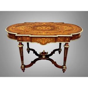 Middle Table Napoleon III Period With A Superb Marquetry Decorated With Bronze