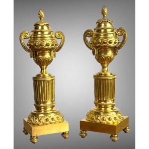 Pair Of Cassolettes / Candlesticks Eighteenth Louis XVI Period In Gilt Bronze