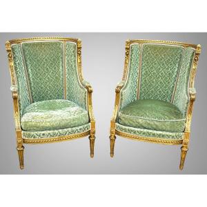 Pair Of Napoleon III Bergeres In Golden And Carved Wood Louis XVI Style