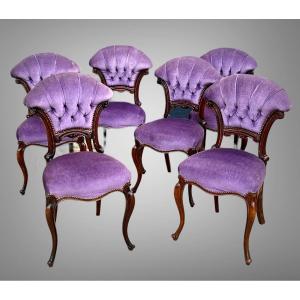 Six Mahogany Cabaret Chairs With Fan Backrest Upholstered In Purple Velvet