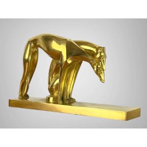 Couple Of Greyhounds In Gilt Bronze On Pedestal Art Deco Period Signed "r.marchal"