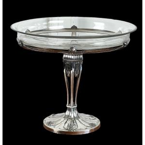 Coupe Sur Pied Art Deco En Metal Argenté Et Coupe En Cristal De Baccarat