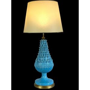 1.05 M Pineapple Lamp In Turquoise Ceramic On Golden Wooden Base 1950s