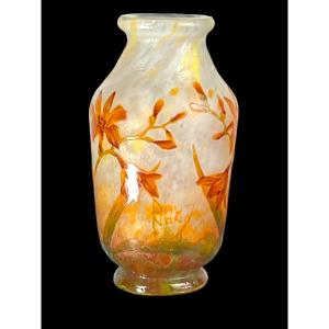 Vase From “daum Nancy” In Acid-engraved Cameo Glass Decor “freesia Flowers”
