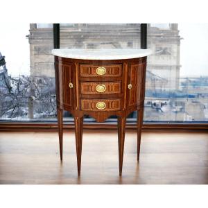 Half Moon Commode From The 18th Louis XVI Period In Marquetry With Marble Top