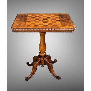 Old Walnut Games Table / Marquetry Top Mounted On Tripod Leg