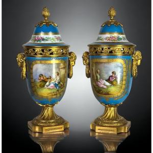 Pair Of Sèvres Porcelain Covered Pots Decorated With Napoleon III Gilt Bronze