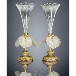 Pair Of Soliflore In The Shape Of A Cornet With Flowers In Opaque Glass Paste