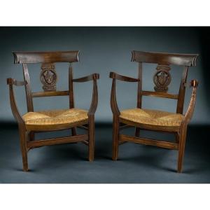 Pair Of Antique Directoire Style Children's Armchairs In Walnut Year 1900