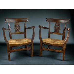 Paire De Fauteuils D Enfants Anciens De Style Directoire En Noyer Année 1900 