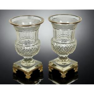 Pair Of Antique Baccarat Vases From The 19th Century Medicis Shape In Cut Crystal